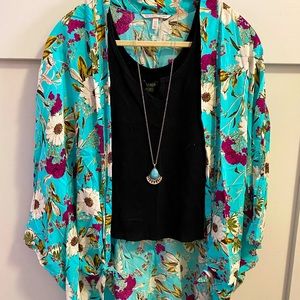 Victoria’s Secret kimono, cropped tank, necklace